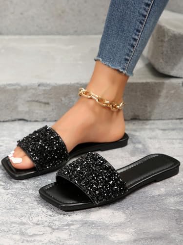 Women's Sparkly Jeweled Flat Sandals Dressy Open Toe Glitter Shiny Slippers Slip-on Shoes