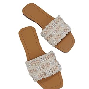 Women's Summer Beach Flat Cute Sandals 2025 Color Block Faux Pearls Decor Leather Flat Slides