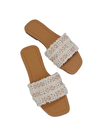 Women's Summer Beach Flat Cute Sandals 2025 Color Block Faux Pearls Decor Leather Flat Slides