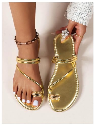 Women's Metallic Open Toe Ring Sandals Summer Strappy Flat Sandals