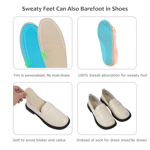 2 Pairs Pigskin Sockless Insoles|Barefoot Cushion Pads|Absorbs Sweat & Controls Odor|Wear Without Socks|Extra Thin Dress Shoes