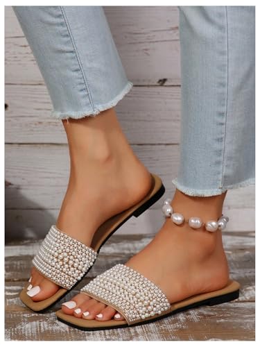 Women's Pearls Slide Sandals Open Toe Slip On Summer Sandals