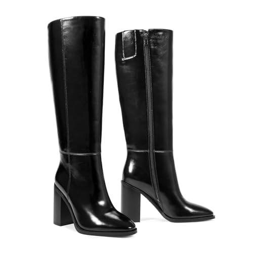 Knee High Boots Women Almond Toe Chunky Boots for Women Tall Boots with Full Side Zipper High Heel Long Boots
