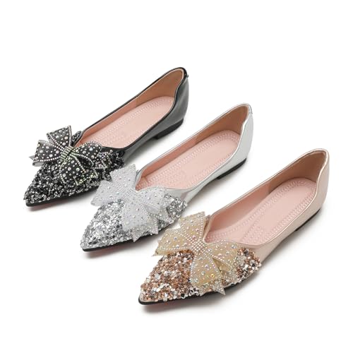 Flats Shoes Women Rhinestone Wedding Flats Comfort Pointed Toe Ballet Flat Shoe Low Heel Dress Shoes Sparkly Flats for Women