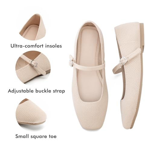 Knit Flats for Women Square Toe Flats Casual Ballet Flats with Ankle Strap,Mary Jane Shoes Women Comfortable for Dressy Office