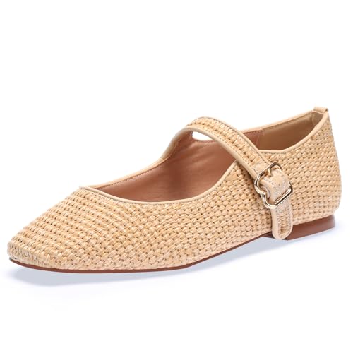 Raffia Ballet Flats Shoes for Women, Woven Mary Jane Flats with Strap Closed Square Toe Ballerina Flat Causal Daily Dress Shoes