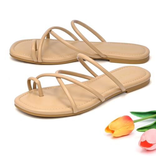 Strappy Sandals for Women Square Open Toe Flip Flops Comfortable Flat Sandals Toe Ring Thong Sandals for women