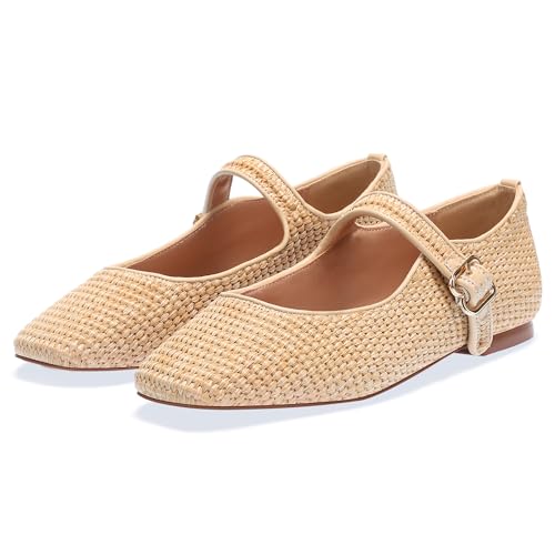 Raffia Ballet Flats Shoes for Women, Woven Mary Jane Flats with Strap Closed Square Toe Ballerina Flat Causal Daily Dress Shoes