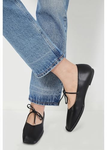 Lace Up Ballet Flats for Women Bow Square Toe Mary Jane Flats Slip On Leather Ballerina Shoes
