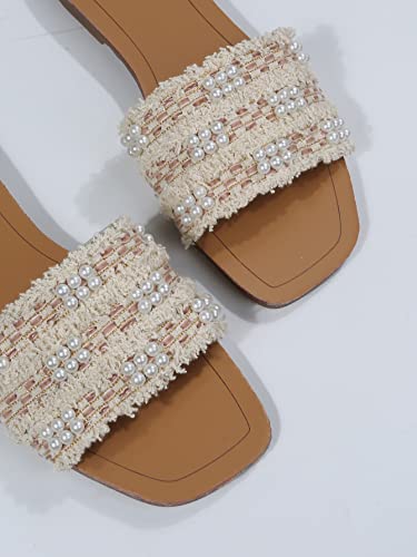Women's Summer Beach Flat Cute Sandals 2025 Color Block Faux Pearls Decor Leather Flat Slides
