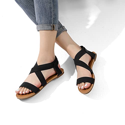 Women's Elastic Ankle Strap Flat Sandals Summer Dressy Shoes Cute Strappy Gladiator Sandals