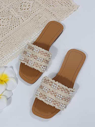 Women's Summer Beach Flat Cute Sandals 2025 Color Block Faux Pearls Decor Leather Flat Slides