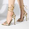Women's Strappy Stiletto Heels with Crystal Lace Up Gladiator Sexy Open Toe High Heeled Sandals Gold Heels for Women