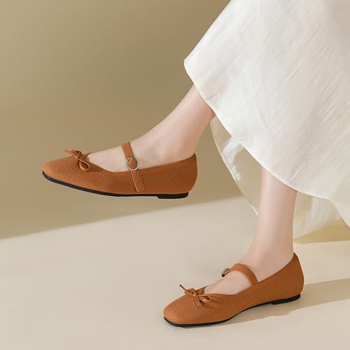Knit Flats for Women Square Toe Flats Casual Ballet Flats with Ankle Strap,Washable Comfortable Dressy Mary Jane Flat