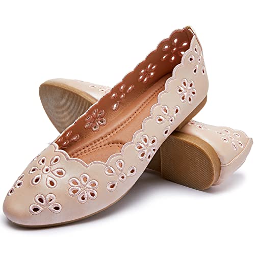 Women's Ballet Flats Black PU Leather Dress Shoes Comfortable Round Toe Slip on Flats with Breathable Eyelets