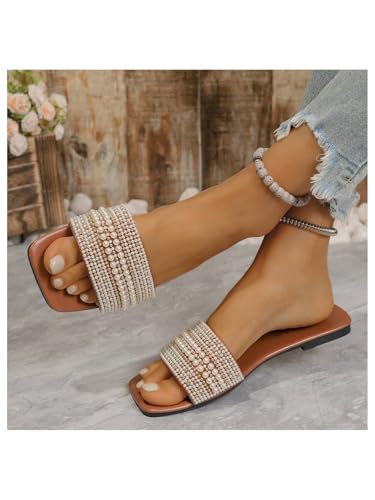 Women's Pearl Decor Flat Sandals Slip Open Toe Leather Slippers Slip on Slides