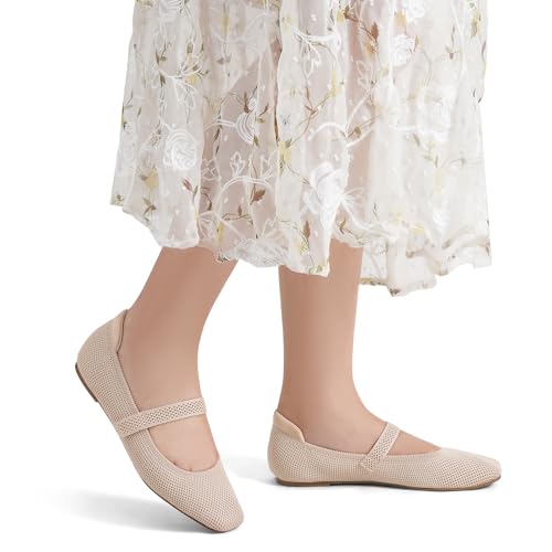 Women's Ballet Flats Shoes Square Toe Mary Jane Shoes Women Comfortable Knit Flats for Casual Wedding Office Dressy Business