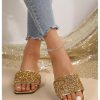 Women's Rhinestone Sandals Glitter Strappy Sequin Shoes Square Toe Sparkly Flat Sandals