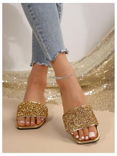 Women's Rhinestone Sandals Glitter Strappy Sequin Shoes Square Toe Sparkly Flat Sandals