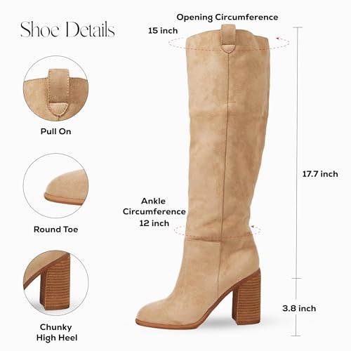 Suede Knee-High Boots Fall Boot For Women Chunky Block High Heel Slouch Fashion Boot Round Toe Side Zipper