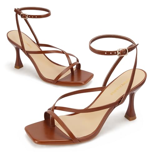 Women's Strappy High Heels Sandals Square Open Toe Ankle Strap Slingback Thong Stilettos Shoes for Wedding