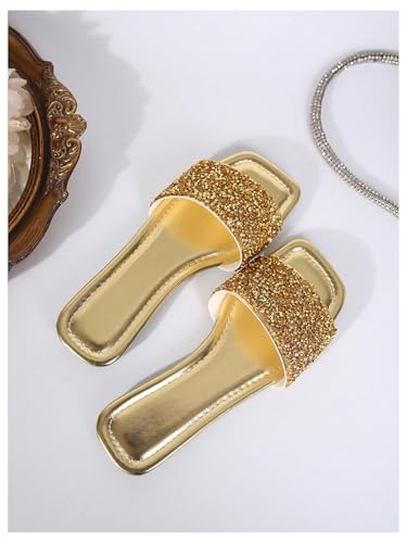 Women's Rhinestone Sandals Glitter Strappy Sequin Shoes Square Toe Sparkly Flat Sandals