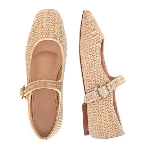 Raffia Ballet Flats Shoes for Women, Woven Mary Jane Flats with Strap Closed Square Toe Ballerina Flat Causal Daily Dress Shoes