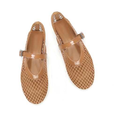 Mesh Ballet Flats for Women Buckle Strap Comfy Casual Office Fishnet Ballerina Flat Shoes