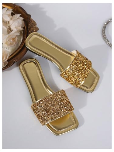 Women's Rhinestone Sandals Glitter Strappy Sequin Shoes Square Toe Sparkly Flat Sandals