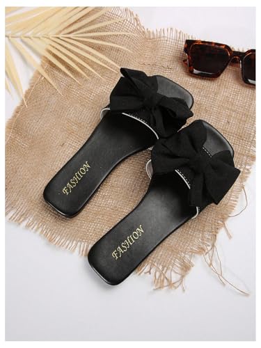 Women's Bow Square Toe Flat Sandals Summer Slides Slip On Sandals
