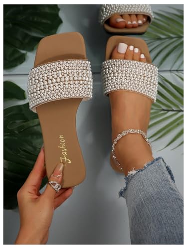 Women's Pearls Slide Sandals Open Toe Slip On Summer Sandals