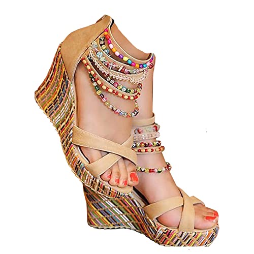 Women's Wedge Sandals With Pearls Across The Top Platform Sandals High Heels
