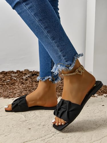 Women's Pleated Square Toe Slide Flat Sandals Summer Trendy Sandals Wedding Sandals