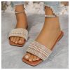 Women's Pearl Decor Flat Sandals Slip Open Toe Leather Slippers Slip on Slides