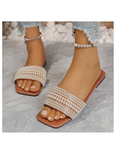 Women's Pearl Decor Flat Sandals Slip Open Toe Leather Slippers Slip on Slides