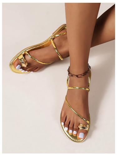 Women's Metallic Open Toe Ring Sandals Summer Strappy Flat Sandals
