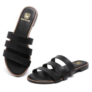 Women's Flat Sandals Dressy Open Toe Round Toe Slide Sandals Comfortable Casual Beach Slip on Slippers for Summer