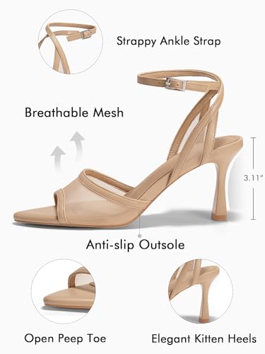 Womens Mesh Kitten Heels Sandals Pointed Open Toe Ankle Buckle Strap Summer Dress Shoes