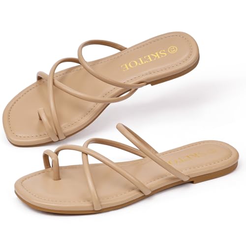 Strappy Sandals for Women Square Open Toe Flip Flops Comfortable Flat Sandals Toe Ring Thong Sandals for women