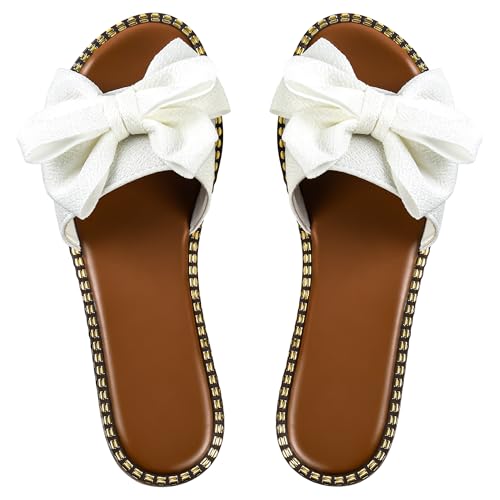 Women's Bow Knot Slides Open Toe Flat Sandals Summer Slip On Slippers