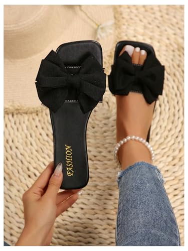 Women's Bow Square Toe Flat Sandals Summer Slides Slip On Sandals