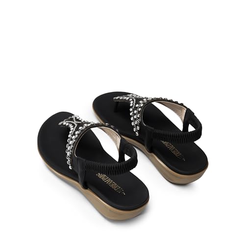Women's Comfortable Dressy Flat Sandals Rhinestone Elastic T-Strap Thong Sandals for Summer Beach