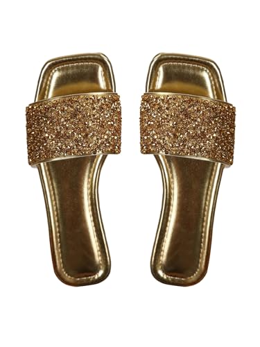 Women's Rhinestone Sandals Glitter Strappy Sequin Shoes Square Toe Sparkly Flat Sandals