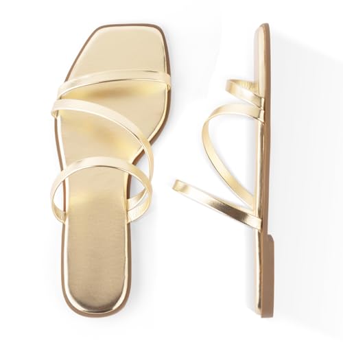 Strappy Flat Sandals For Women Slip On Square Open Toe Slides Sandals