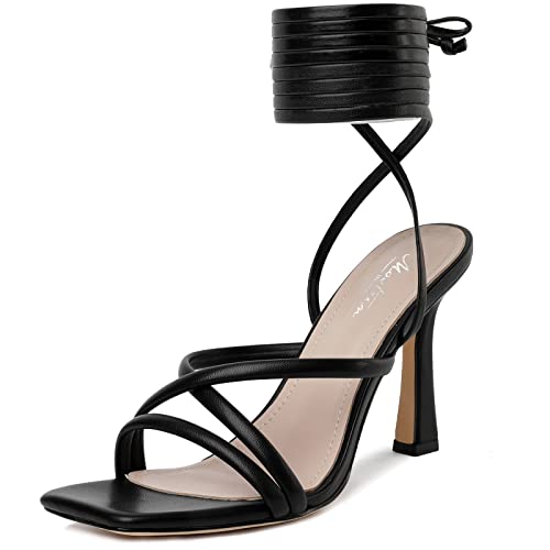 Womens Sandals Strappy Heels for Women Lace Up Square Open Toe Heels Tie Up High Heeled Sandals for Prom, Party, Daily Wear