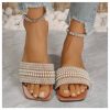 Women's Pearl Decor Flat Sandals Slip Open Toe Leather Slippers Slip on Slides