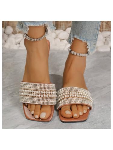 Women's Pearl Decor Flat Sandals Slip Open Toe Leather Slippers Slip on Slides