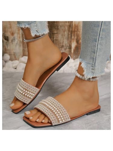 Women's Pearl Decor Flat Sandals Slip Open Toe Leather Slippers Slip on Slides