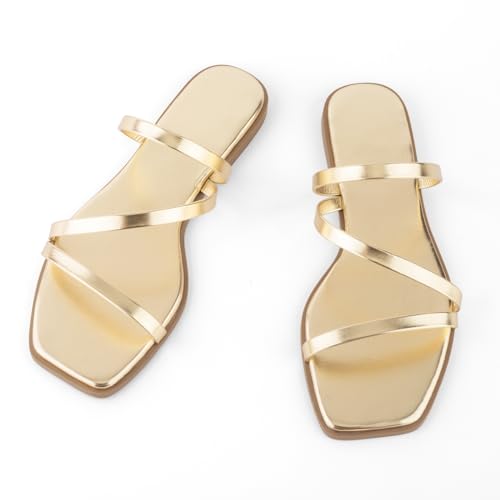 Strappy Flat Sandals For Women Slip On Square Open Toe Slides Sandals