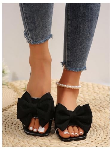 Women's Bow Square Toe Flat Sandals Summer Slides Slip On Sandals